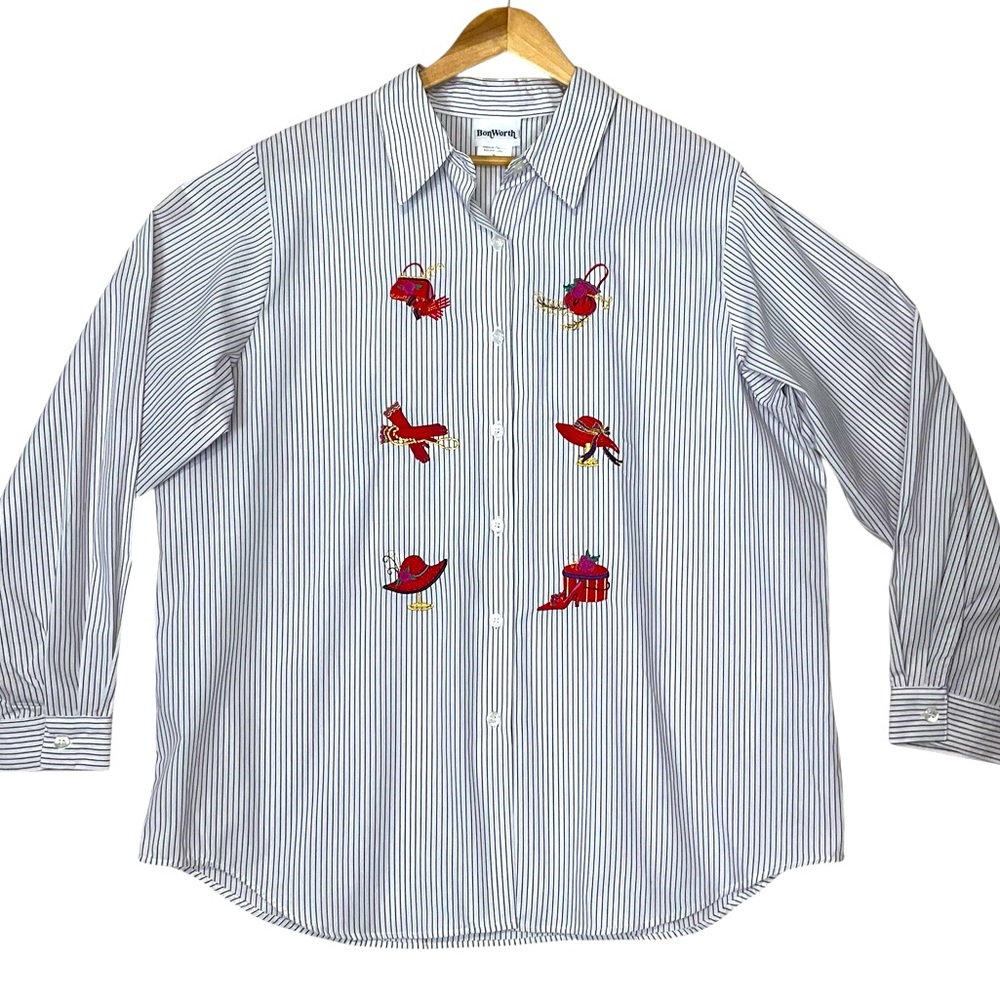 retro BON WORTH sz XL Red Hat Society Long Sleeve Blouse Embroidered Red Purple